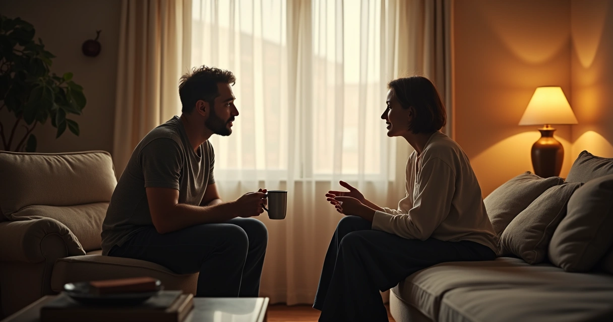 Duas pessoas sentadas em uma sala confortável, conversando de frente uma para a outra. 