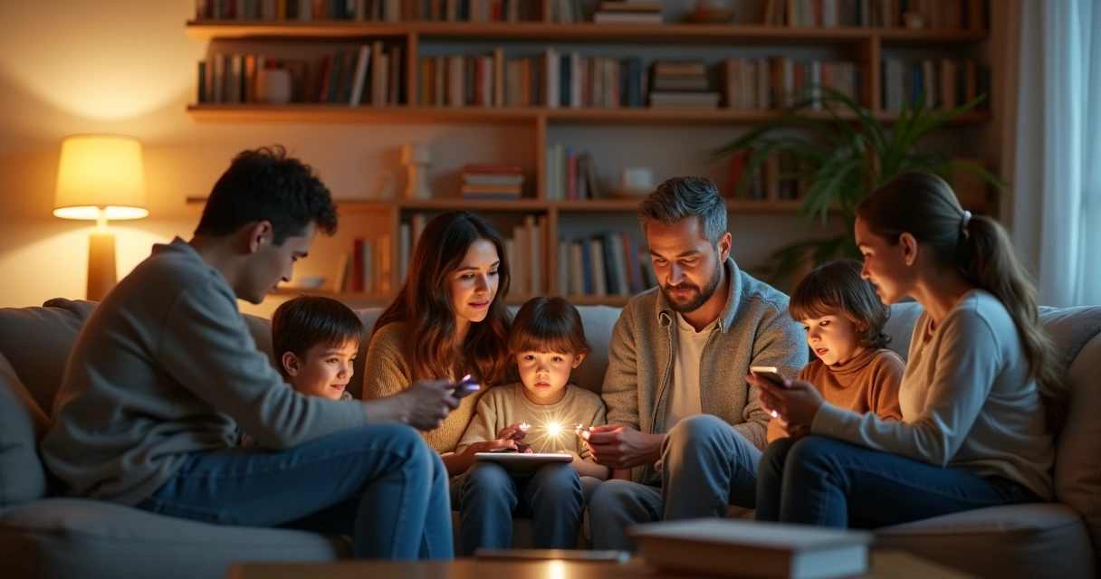 Familia reunida en la sala dialogando sobre emociones y noticias