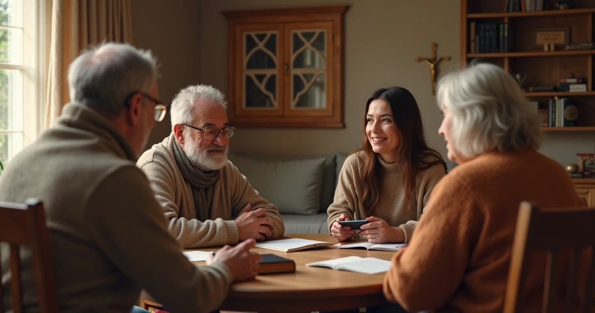 Mulher cristã conversando com familiares em casa, ambiente familiar acolhedor e luz natural 