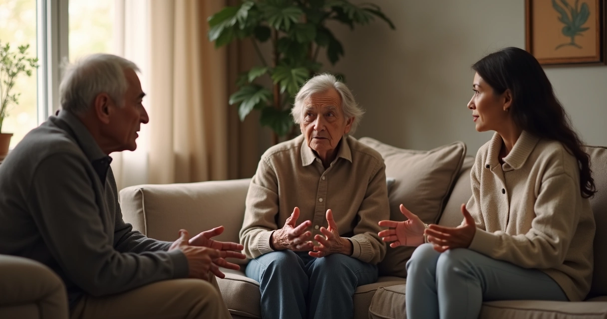 Família conversando em sala sobre valores