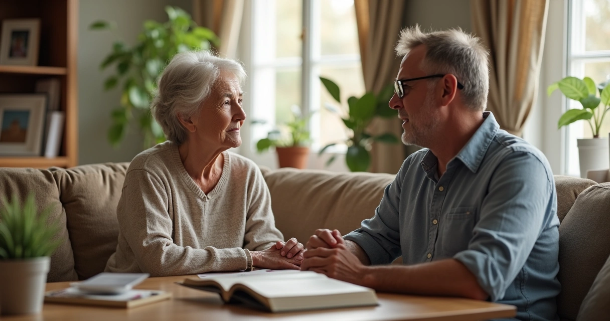 Dois familiares conversando seriamente na sala de casa, com objetos pessoais ao fundo 