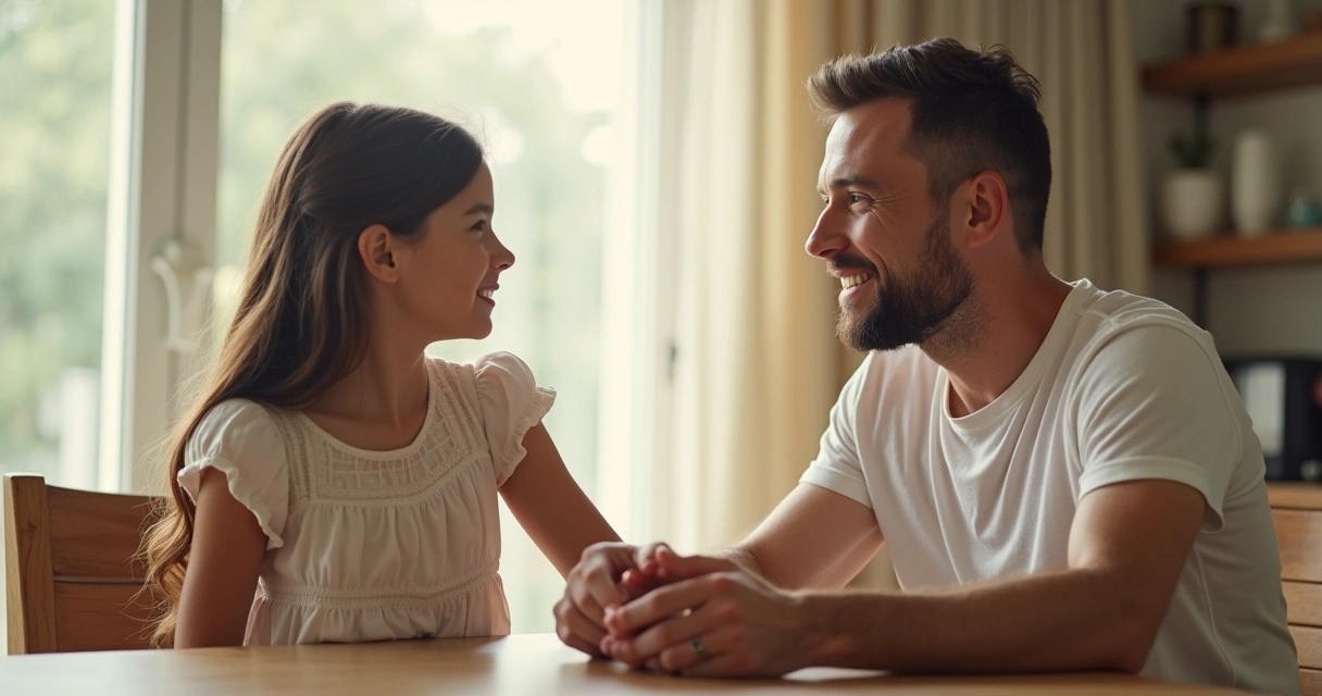 Padre e hija conversando de forma tranquila sentados en el comedor 