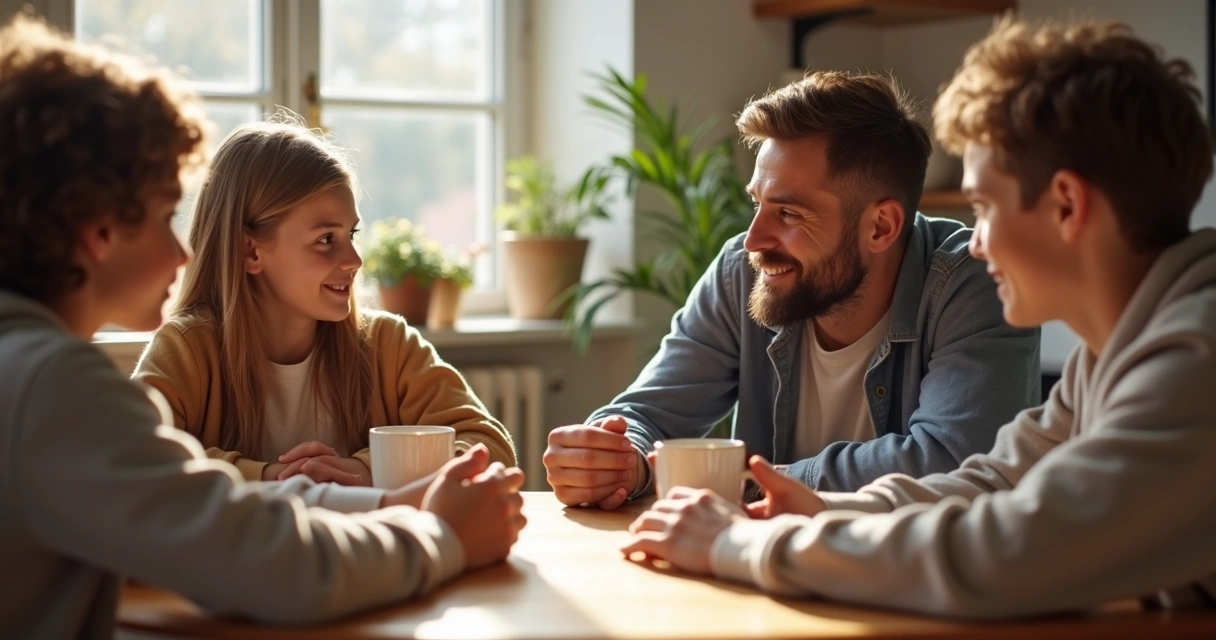 Família sentada à mesa conversando de maneira acolhedora e atenta 