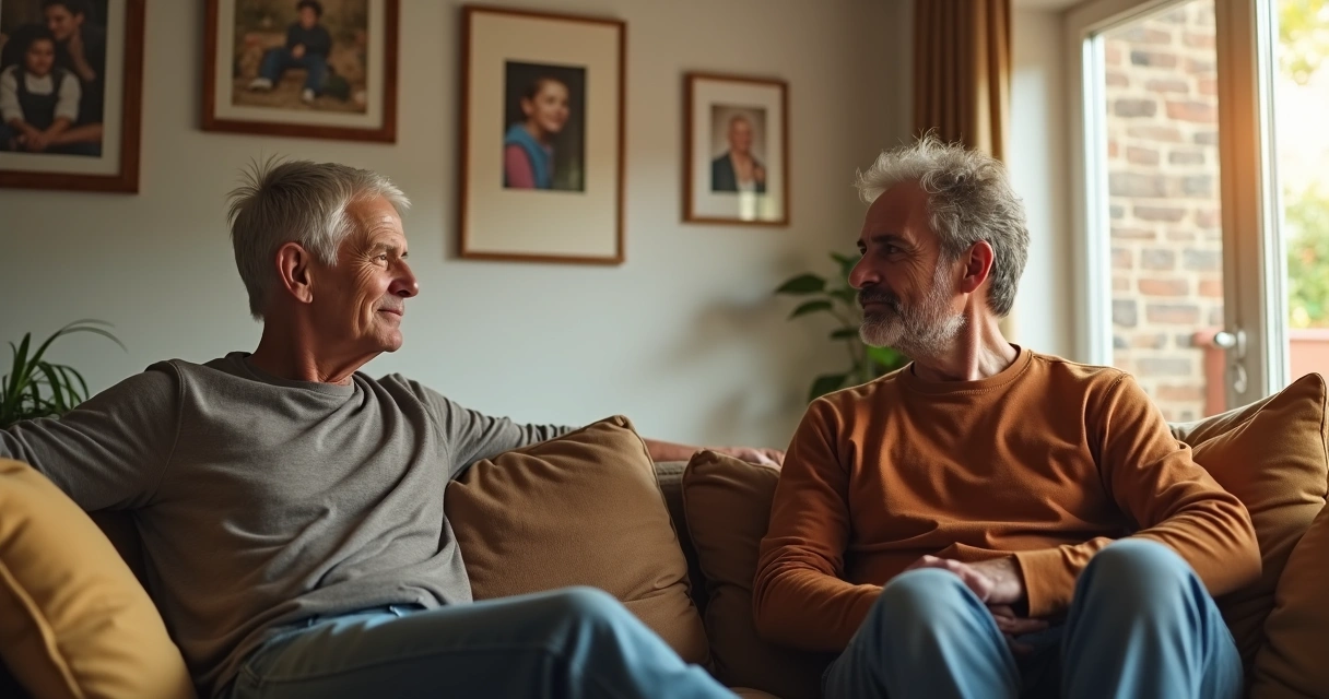 Dois adultos conversando sentados em uma sala de estar com fotos de família ao fundo. 
