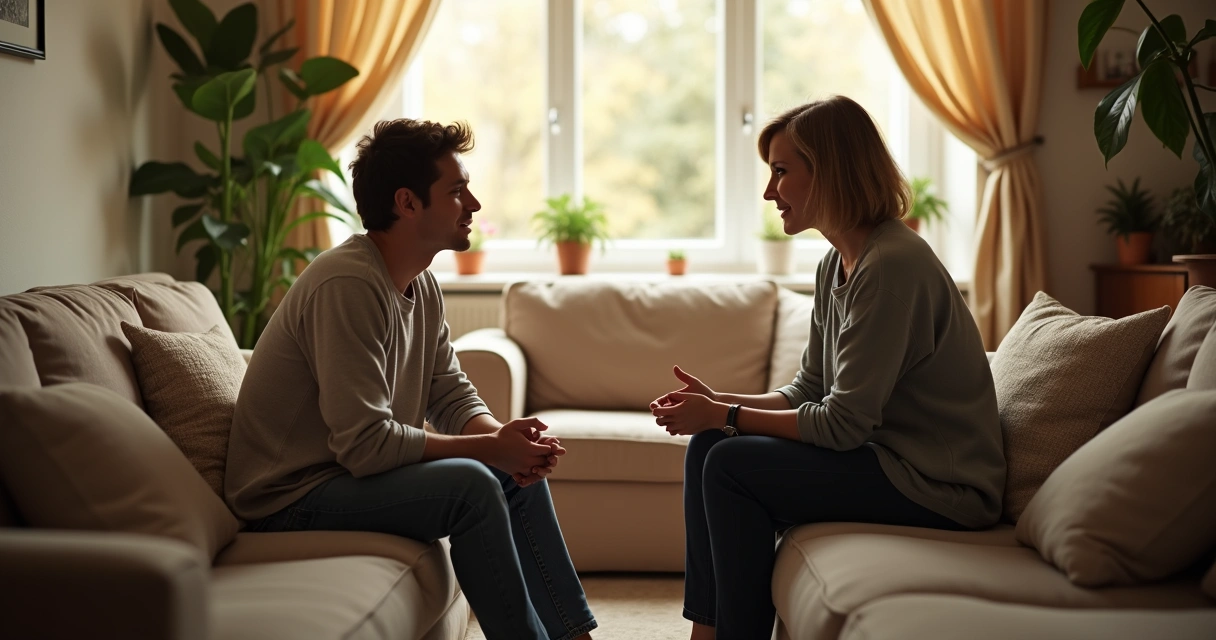 Duas pessoas conversando de forma acolhedora em casa
