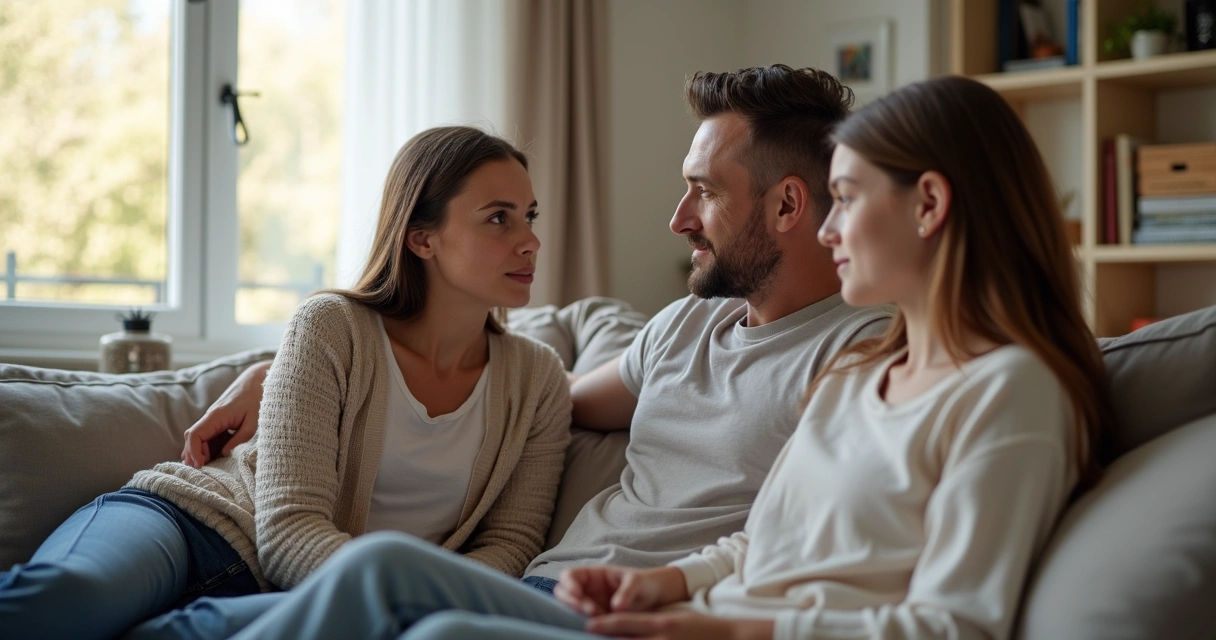 Pais conversando calmamente com filhos adolescentes no sofá da sala