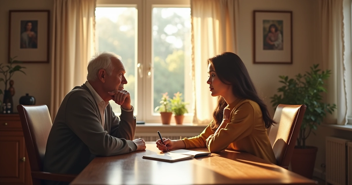 Duas pessoas sentadas em uma mesa de jantar com expressões pensativas, papel e caneta sobre a mesa, ambiente caseiro e detalhado 