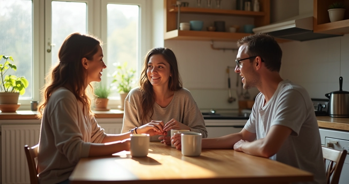Pais e filha conversando na cozinha sobre planos, ambiente acolhedor 