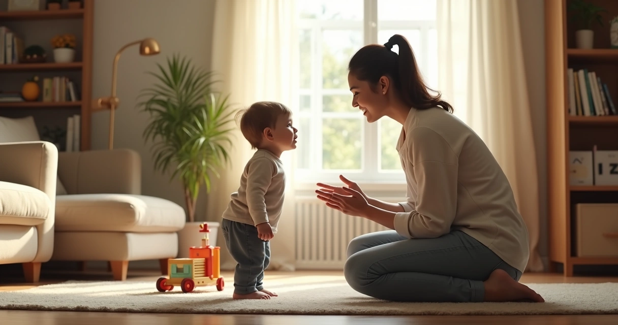 Persona adulta y niño conversando en una sala tranquila