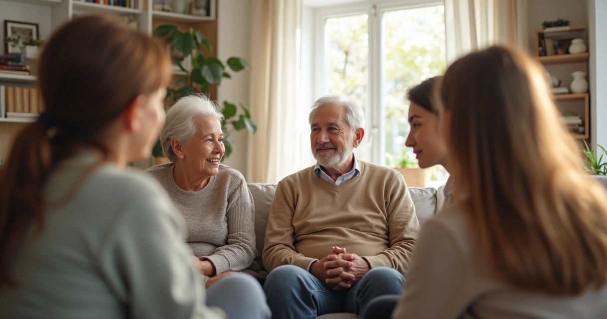 Familia de varias edades conversando en una sala luminosa