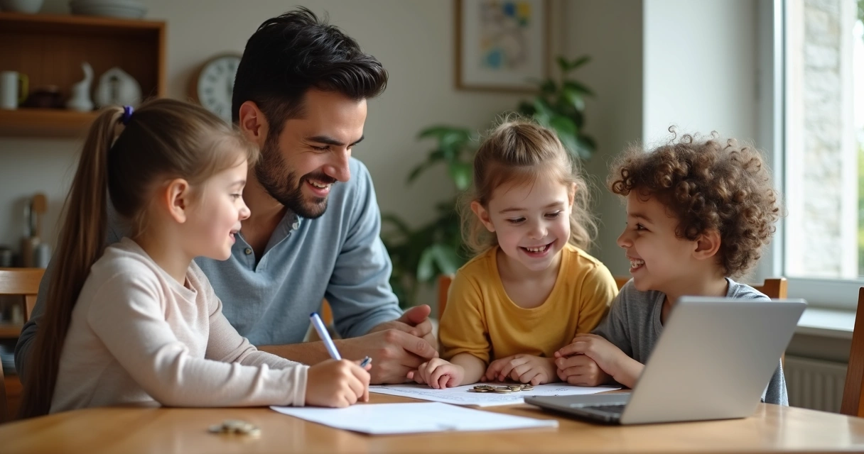 Família conversando sobre dinheiro na mesa de jantar. 
