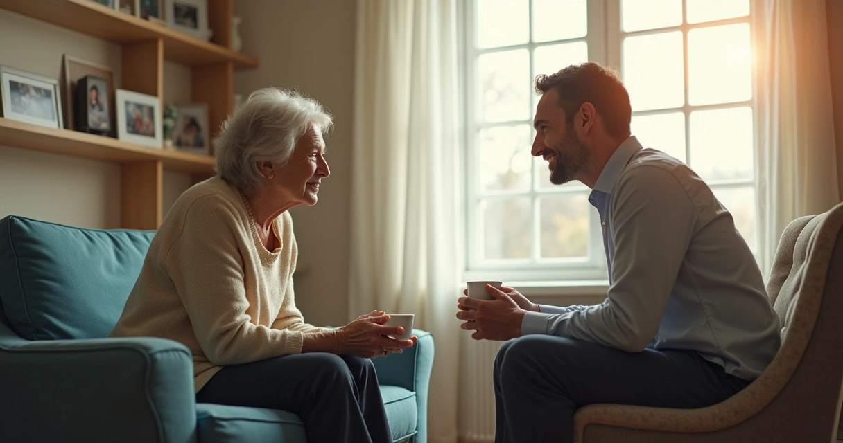Dos generaciones conversando con calma en una sala de estar 