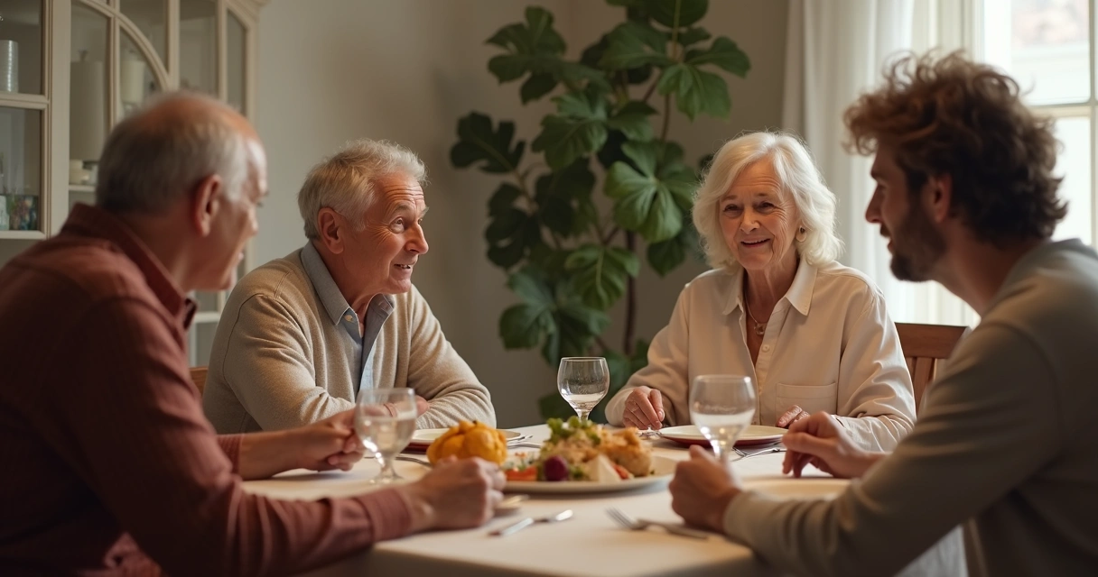 Família de gerações diferentes conversando à mesa 
