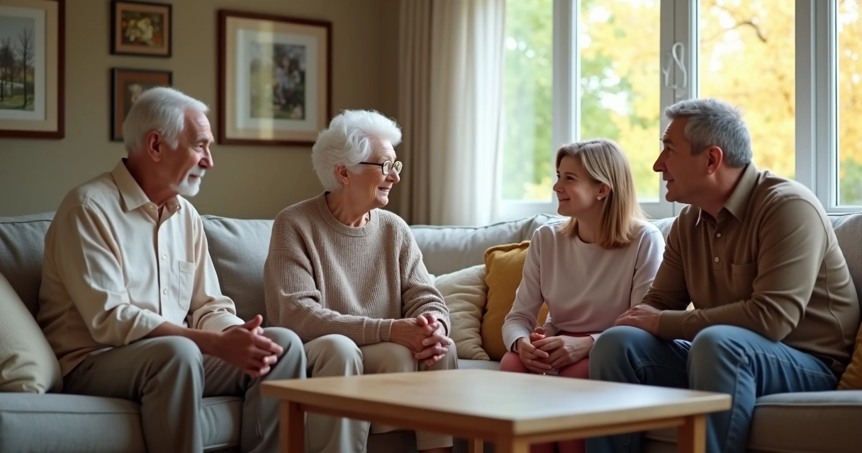 Padres, abuelos y nietos sentados conversando en una sala iluminada.