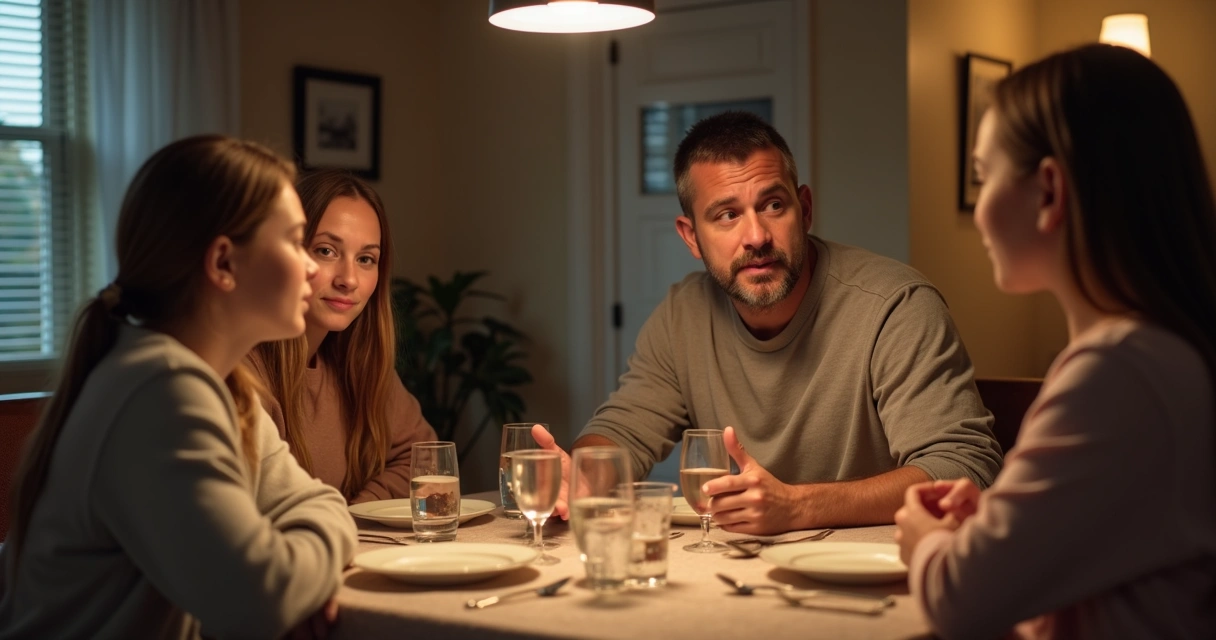 Família conversando com calma à mesa de jantar