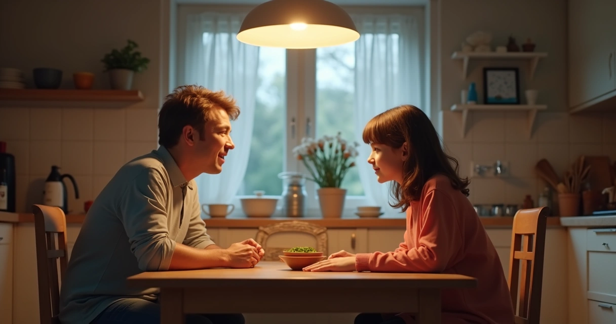 Duas pessoas conversando na mesa de jantar, clima de compreensão e acolhimento 