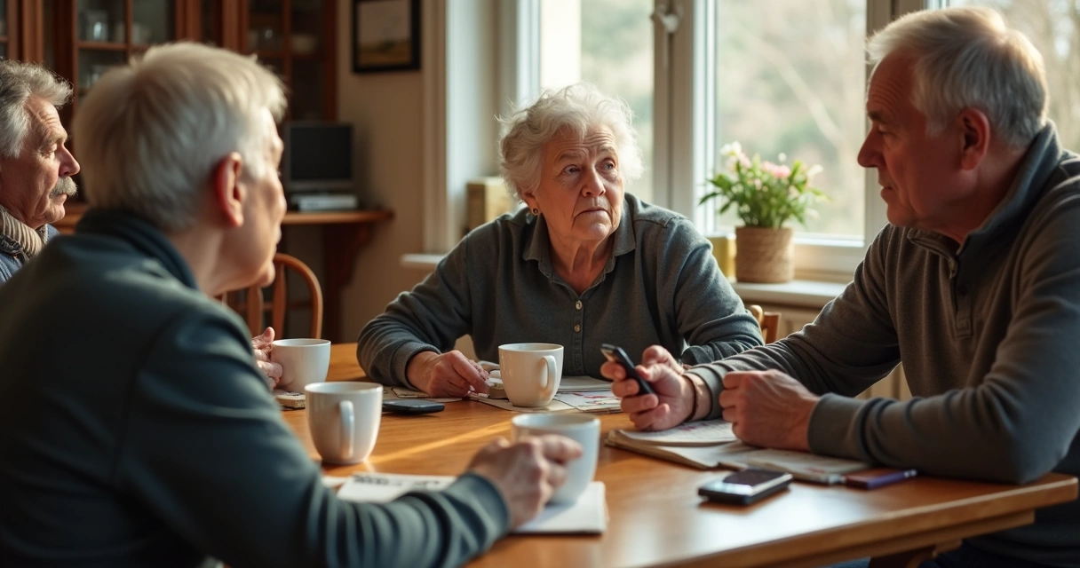 Familia conversando con pantallas apagadas sobre una mesa