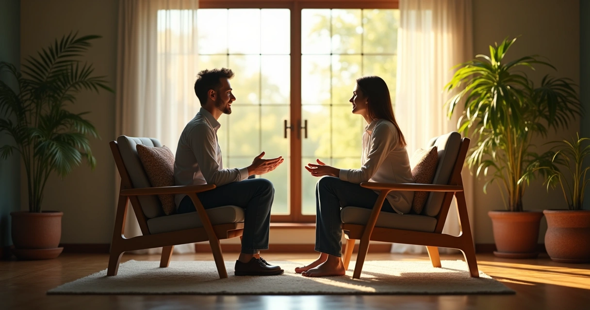 Duas pessoas conversando em uma sala aconchegante que transmite calma