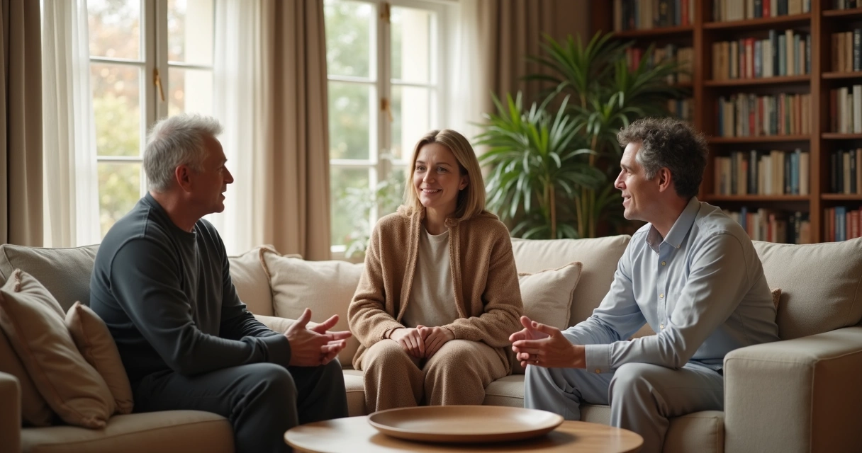 Tres generaciones conversando en una sala con actitud de escucha 