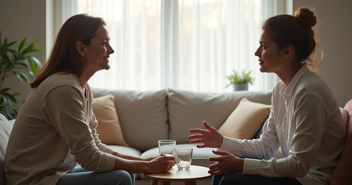 Dos familiares conversando con calma en una sala 