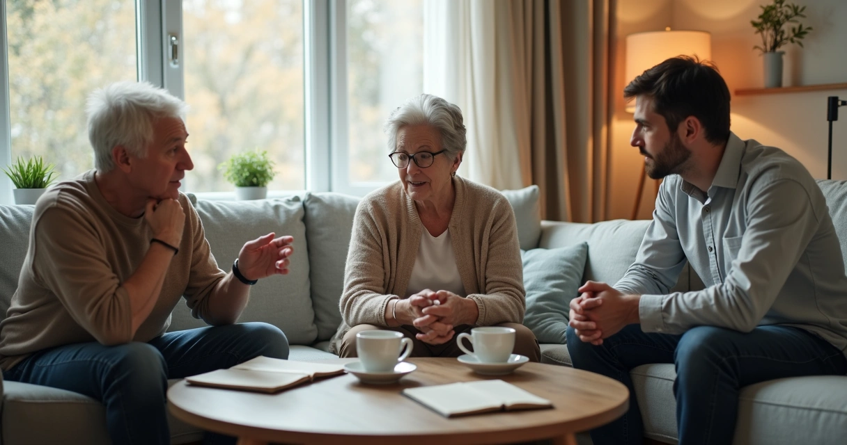 Dos generaciones conversando en una sala con tensión serena