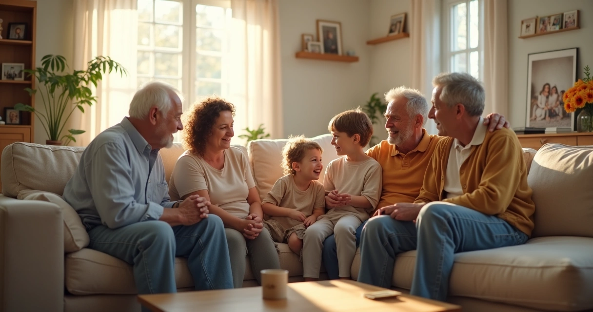 Abuelos, padres y nietos conversando en un salón luminoso. 
