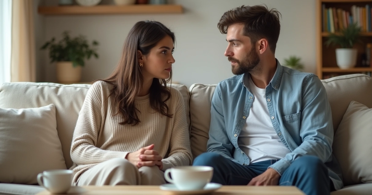 Duas pessoas da mesma família tendo conversa sincera no sofá
