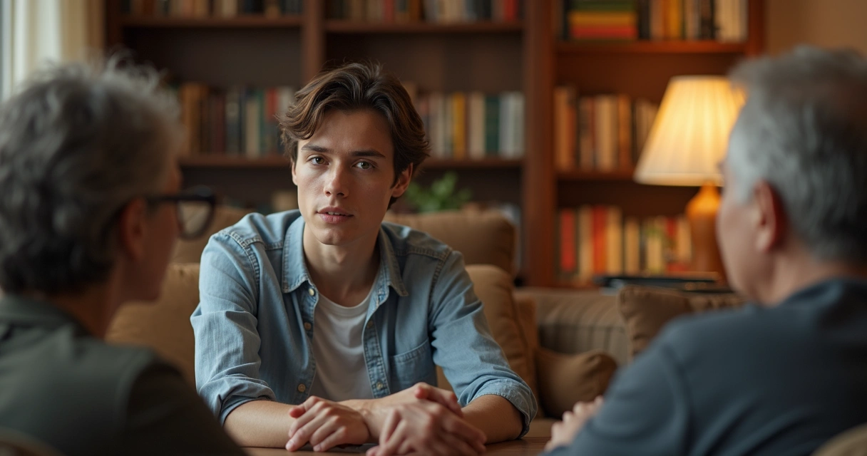 Pessoa sentada conversando com membros da família em ambiente acolhedor