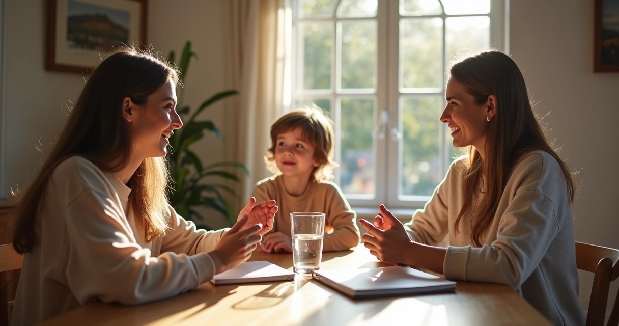 Familia conversando con calma en una mesa