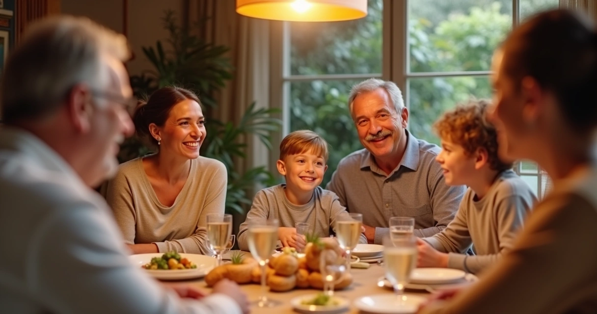 Membros da família de diferentes idades conversando sorrindo à mesa 