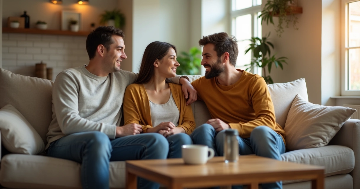 Dois familiares conversam olhando nos olhos em clima de reconciliação e acolhimento, sentados próximos no sofá da sala. 
