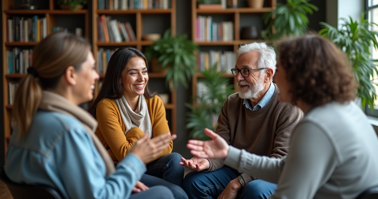 Grupo de pessoas de idades e etnias variadas conversando em círculo 