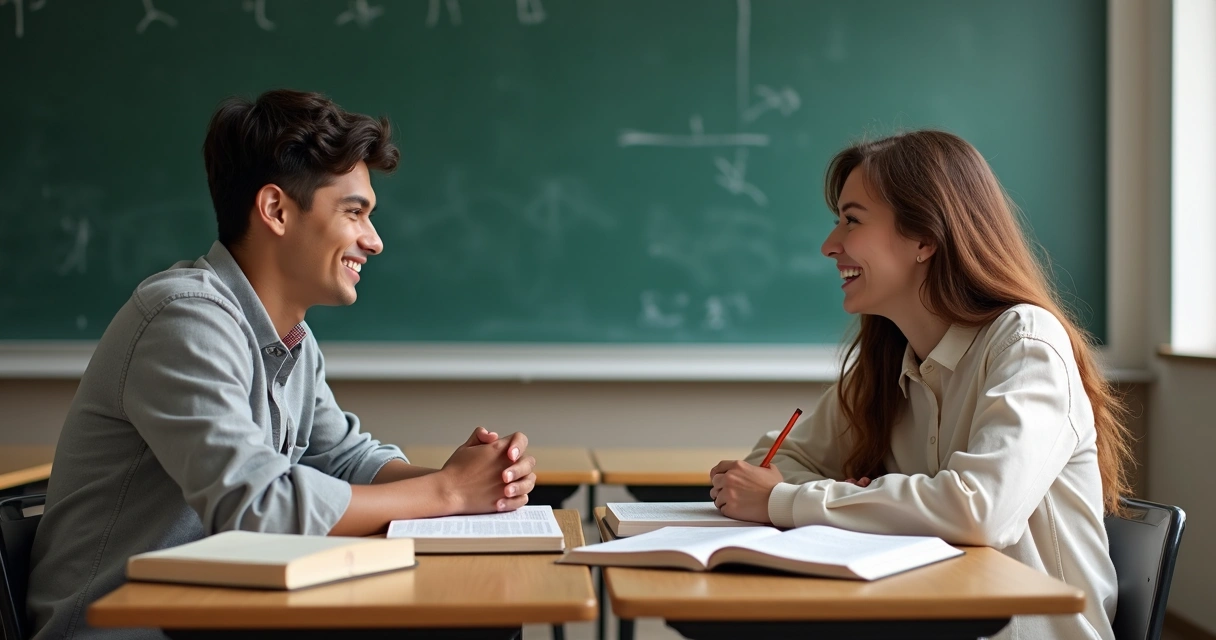 Dois estudantes universitários conversando amigavelmente em uma sala de aula com livros religiosos e acadêmicos sobre a mesa 