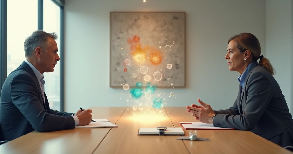 Coach e profissional em diálogo frente a frente separados por formas de luz abstratas 