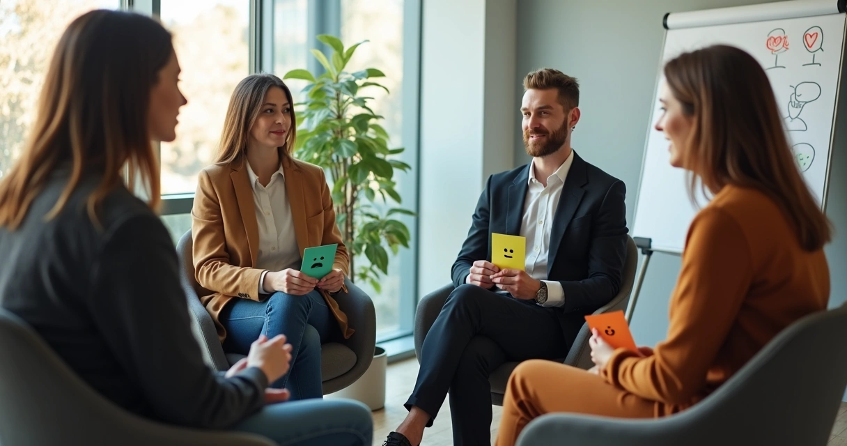 Três colegas em círculo de conversa usando cartões coloridos para feedback emocional 