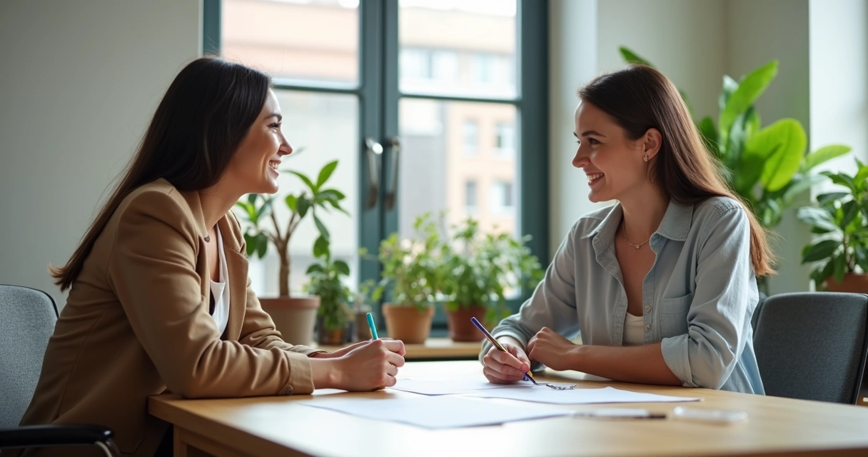 Duas pessoas conversando e trocando feedbacks de forma construtiva 