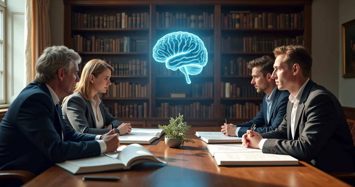 Mesa com livros, cérebro digital e pessoas em debate 