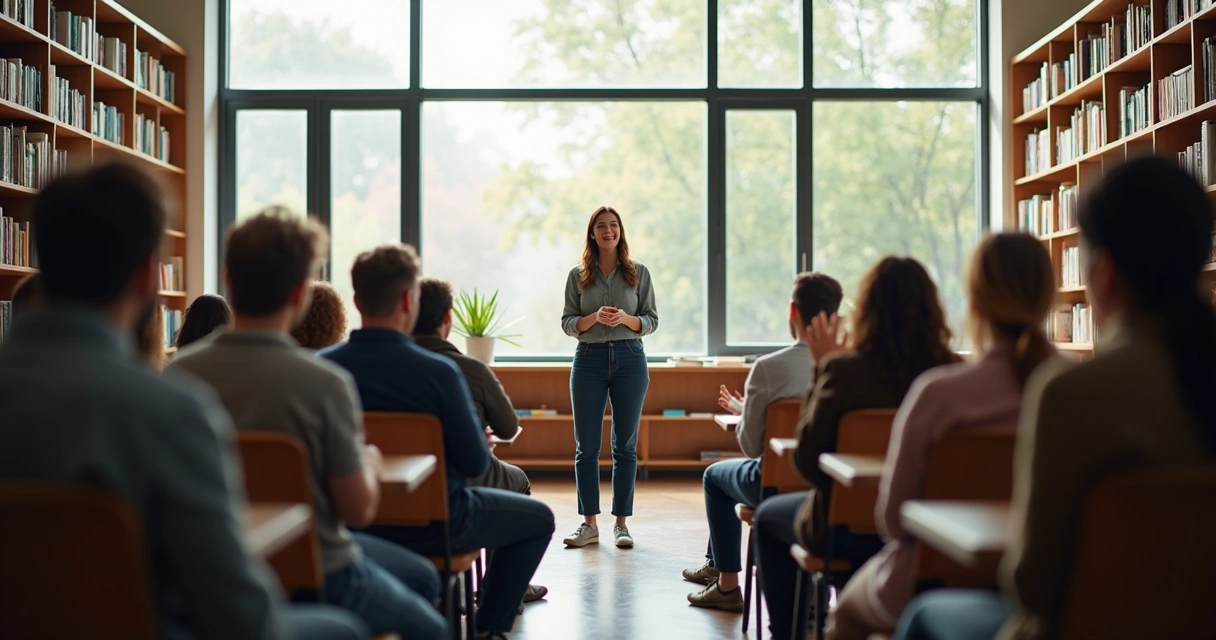 Facilitador conduzindo atividade dialógica em sala de aula 