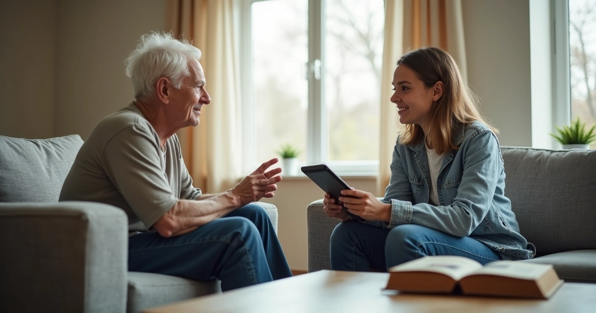 Dos generaciones conversando en una sala 