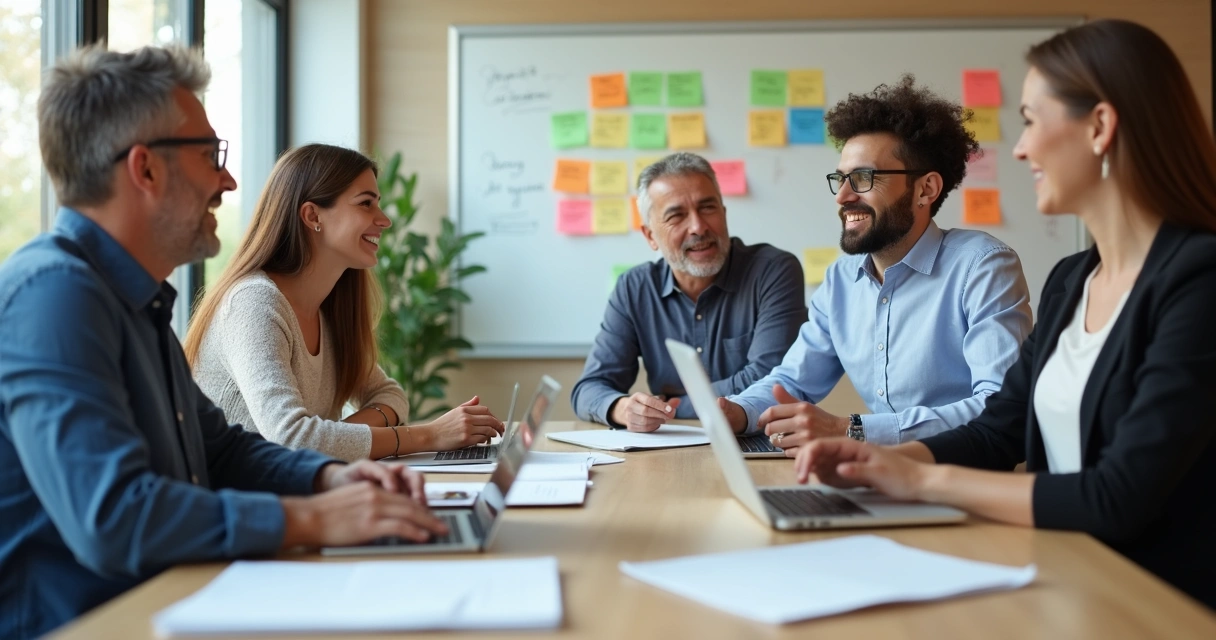 Time multigeracional reunido em mesa discutindo projeto 