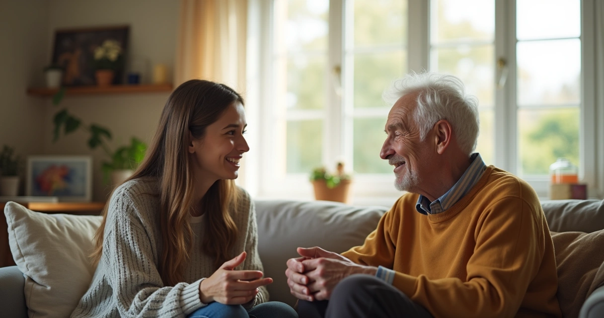 Duas pessoas de gerações diferentes conversando em sala de estar iluminada 
