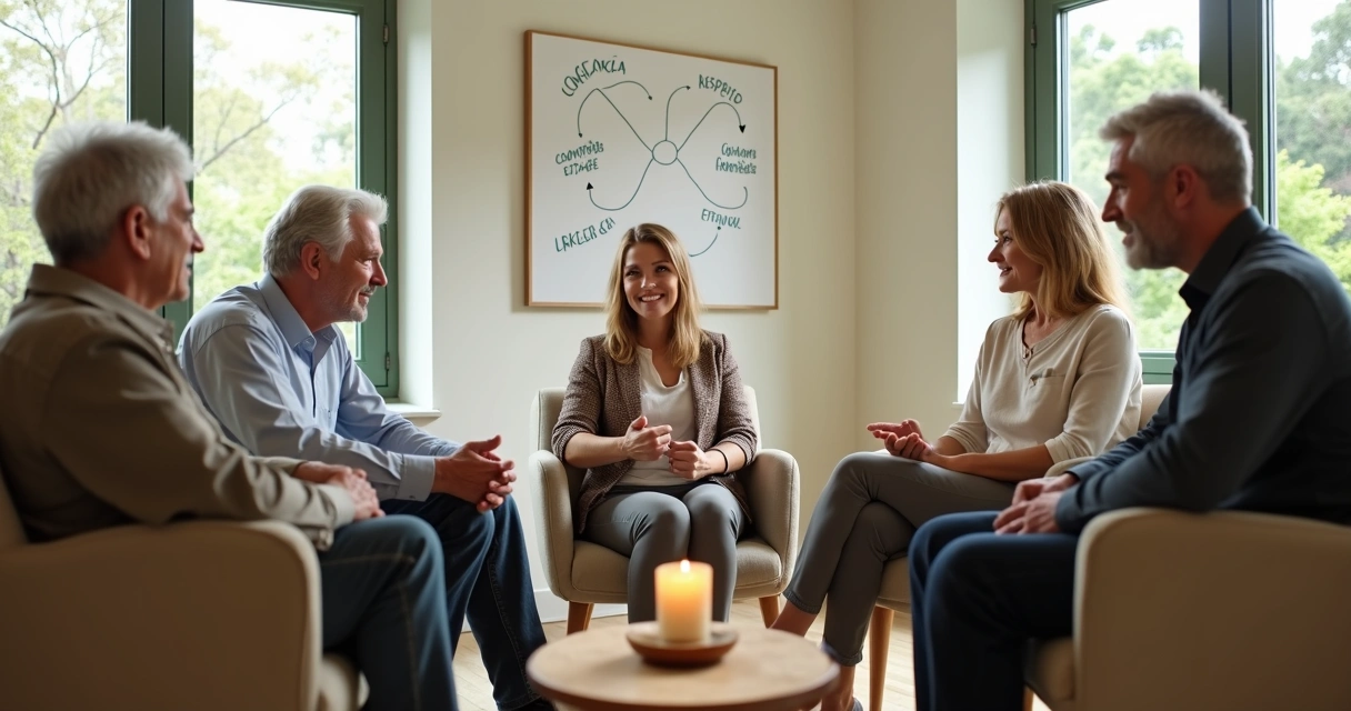 Pessoas de idades diferentes sentadas em círculo conversando em ambiente claro e acolhedor 
