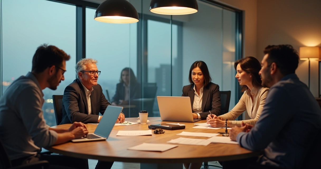 Profissionais de diferentes gerações dialogando em ambiente corporativo 