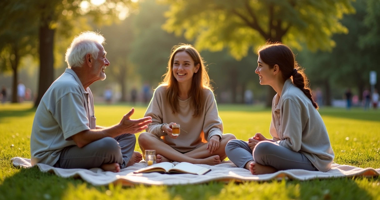 Três gerações sentadas em círculo em um parque compartilhando um momento de espiritualidade 
