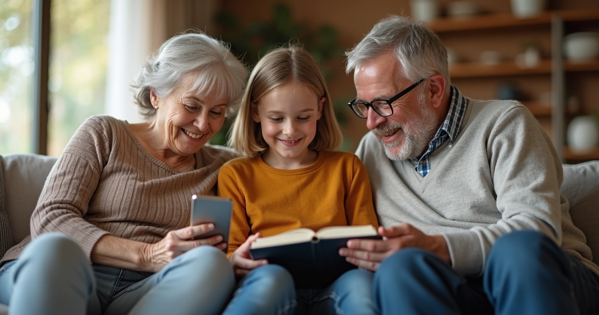 Três gerações de uma família conversando em uma sala de estar, cada uma usando dispositivos diferentes e sorrindo umas para as outras