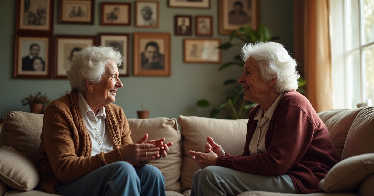 Duas gerações da família conversando em sala com fotos antigas ao fundo