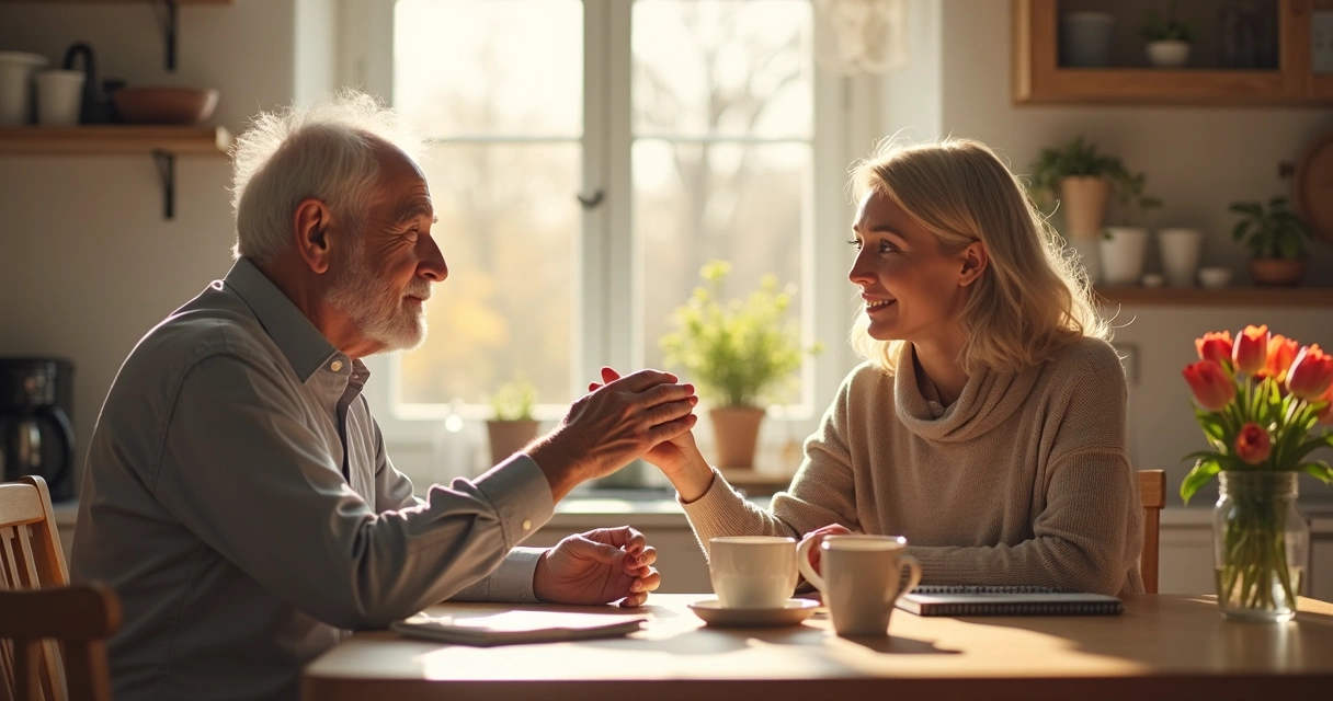 Duas gerações da família conversando harmoniosamente 