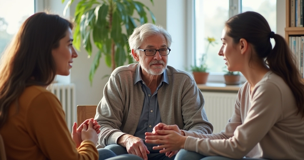 Três pessoas de diferentes idades sentadas em círculo, conversando de maneira respeitosa e atenta 