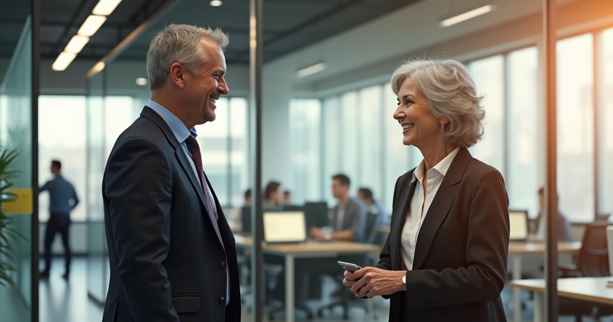 Duas gerações conversando em ambiente de trabalho