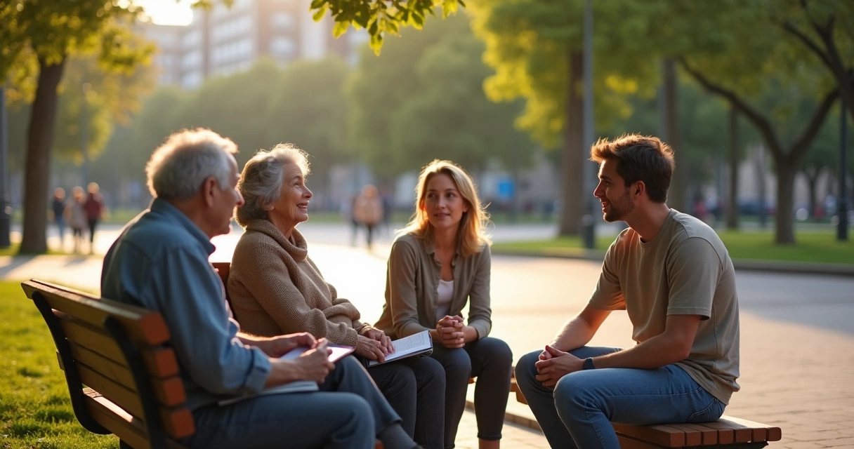 Idosos e jovens conversando em roda em uma praça ensolarada 